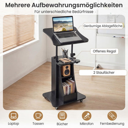 Height-Adjustable Mobile Lectern with Tilting Top, Black