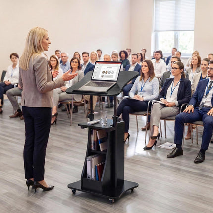 Height-Adjustable Mobile Lectern with Tilting Top, Black