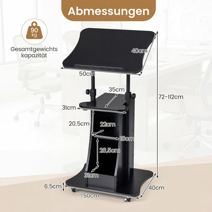 Height-Adjustable Mobile Lectern with Tilting Top, Black