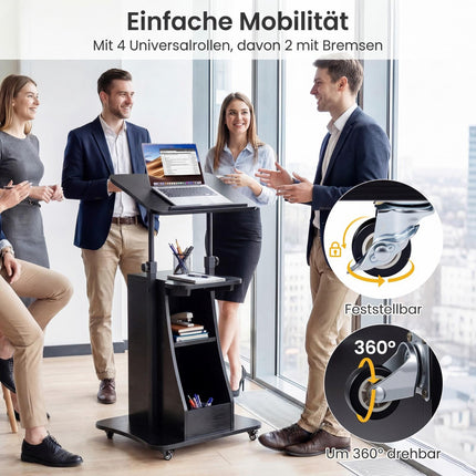 Height-Adjustable Mobile Lectern with Tilting Top, Black