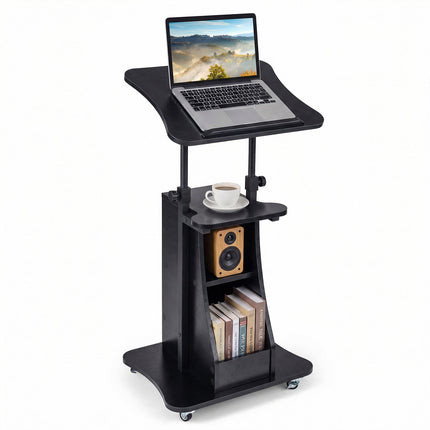 Height-Adjustable Mobile Lectern with Tilting Top, Black