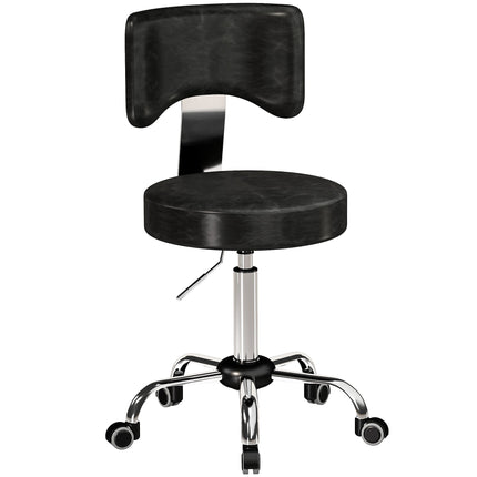 Height-Adjustable Rolling Salon Stool with Backrest, PU Leather, Black