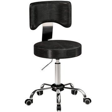 Height-Adjustable Rolling Salon Stool with Backrest, PU Leather, Black