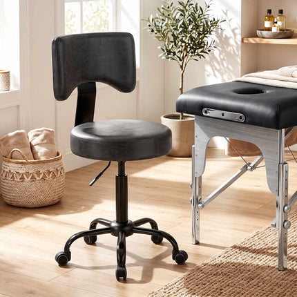 Height-Adjustable Rolling Salon Stool with Backrest, PU Leather, Black