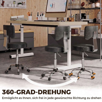 Height-Adjustable Rolling Salon Stool with Backrest, PU Leather, Black