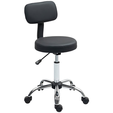 Height Adjustable Rolling Stool with Removable Backrest, Faux Leather, Black