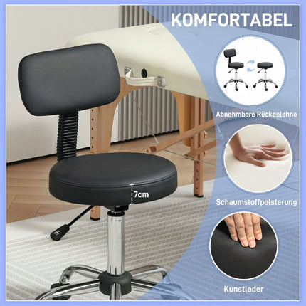 Height Adjustable Rolling Stool with Removable Backrest, Faux Leather, Black
