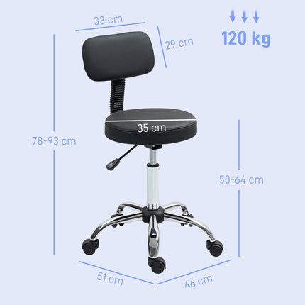Height Adjustable Rolling Stool with Removable Backrest, Faux Leather, Black