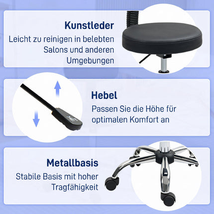 Height Adjustable Rolling Stool with Removable Backrest, Faux Leather, Black