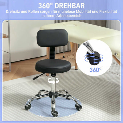 Height Adjustable Rolling Stool with Removable Backrest, Faux Leather, Black