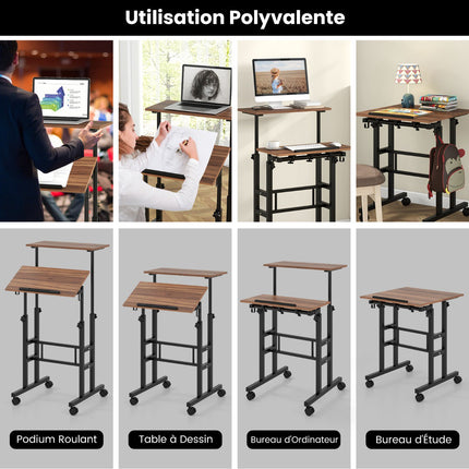 Height Adjustable Standing Desk with Wheels, Tilting Tray