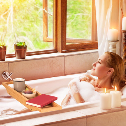 Height-adjustable bath shelf in bamboo