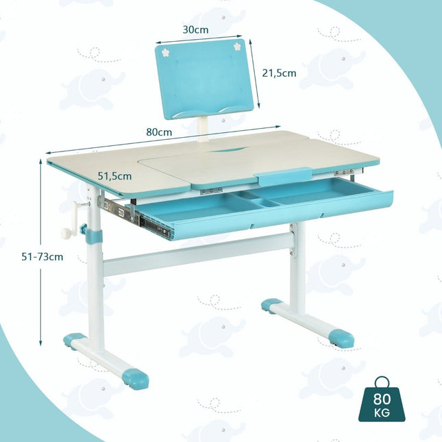 Height-adjustable children's desk set with tilting table top and book stand (blue table)