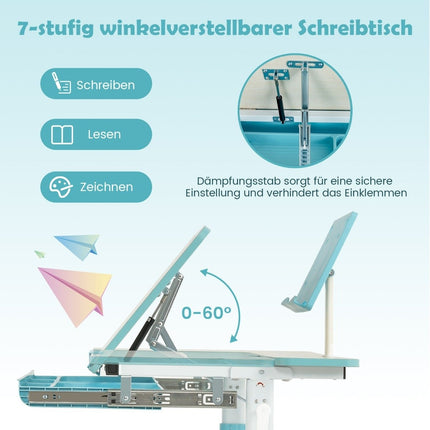 Height-adjustable children's desk set with tilting table top and book stand (blue table)
