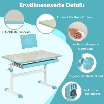 Height-adjustable children's desk set with tilting table top and book stand (blue table)