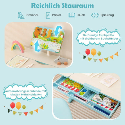 Height-adjustable children's desk set with tilting table top and book stand (blue table)