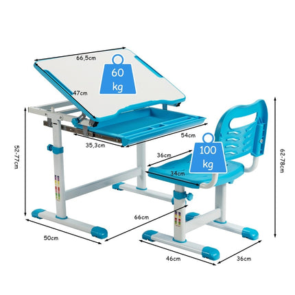Height-adjustable children's desk set with tilting table top and drawer blue