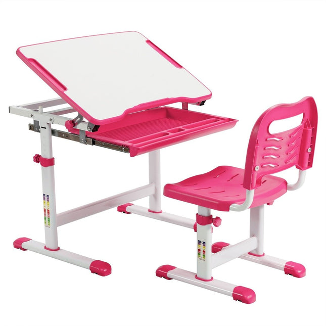 Height-adjustable children's desk set with tilting table top and drawer pink
