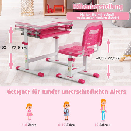 Height-adjustable children's desk set with tilting table top and drawer pink