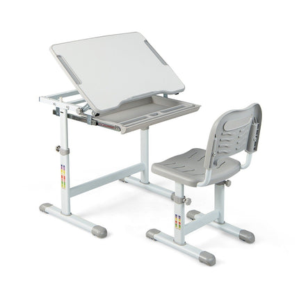 Height-adjustable children's desk set with tilting table top and drawer with gray chair
