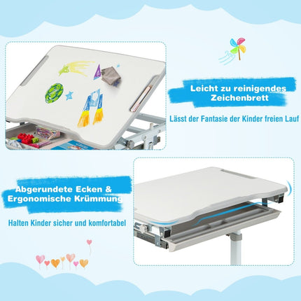 Height-adjustable children's desk set with tilting table top and drawer with gray chair