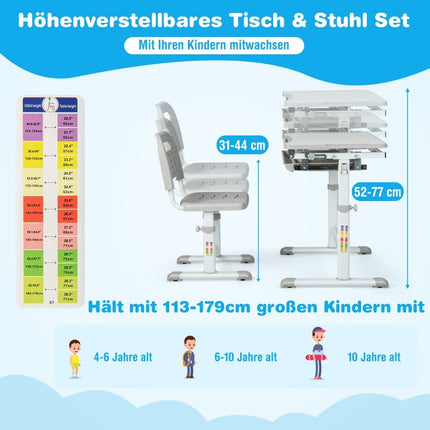 Height-adjustable children's desk set with tilting table top and drawer with gray chair