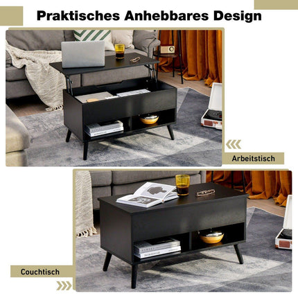 Height-adjustable coffee table with liftable table top & 2 open shelves, coffee table black