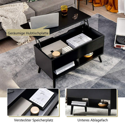Height-adjustable coffee table with liftable table top & 2 open shelves, coffee table black
