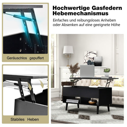 Height-adjustable coffee table with liftable table top & 2 open shelves, coffee table black