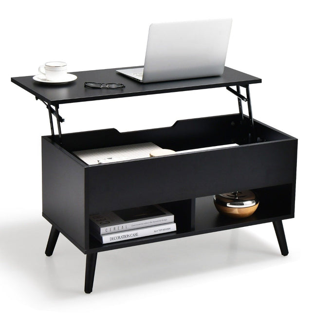 Height-adjustable coffee table with liftable table top & 2 open shelves, coffee table black