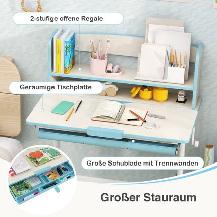 Height-adjustable desk with tilting table top &amp; Drawer &amp; Shelf Children's Study Table Blue