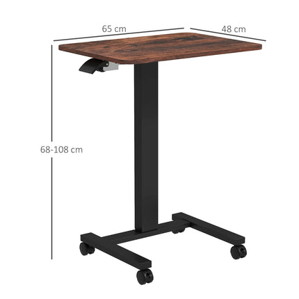 Height adjustable laptop, rustic brown, wheels and brake