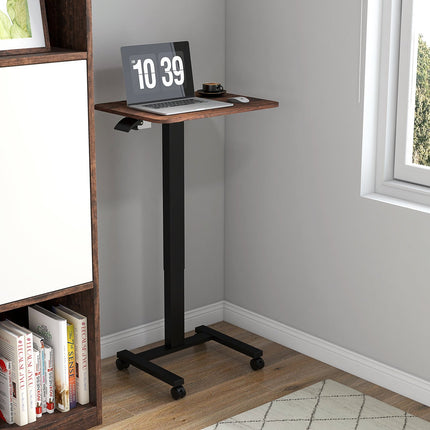 Height adjustable laptop, rustic brown, wheels and brake
