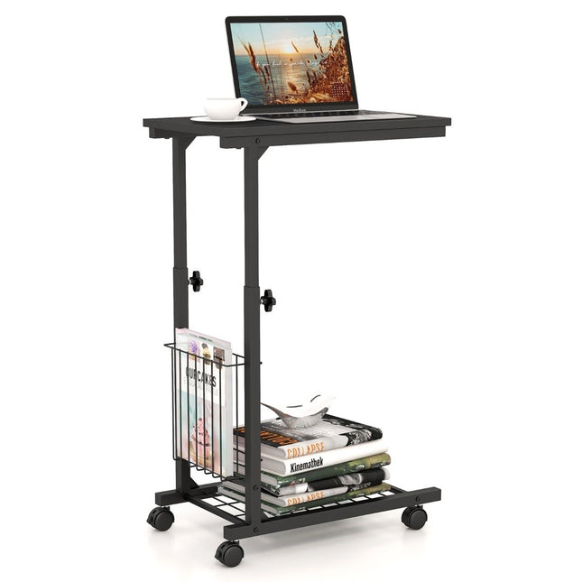 Height-adjustable laptop table with storage basket & wheels C-shape sofa table black