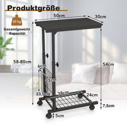 Height-adjustable laptop table with storage basket & wheels C-shape sofa table black