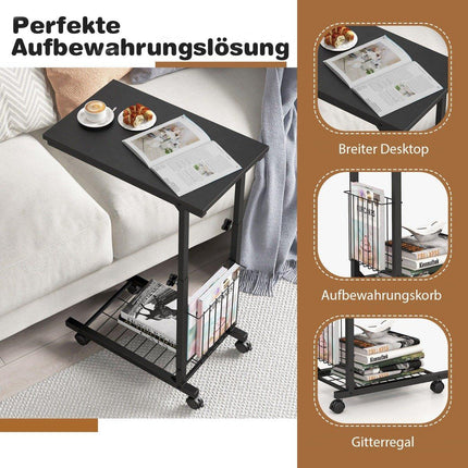 Height-adjustable laptop table with storage basket & wheels C-shape sofa table black