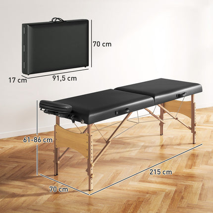 Foldable Massage Table, Height-Adjustable, Black, Wood Frame