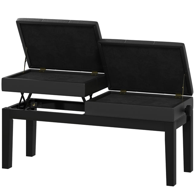 Height-adjustable piano bench, storage, black artificial leather