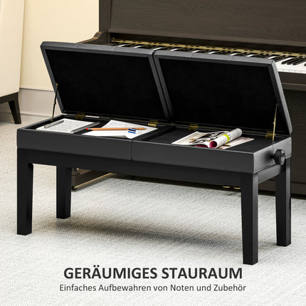 Height-adjustable piano bench, storage, black artificial leather