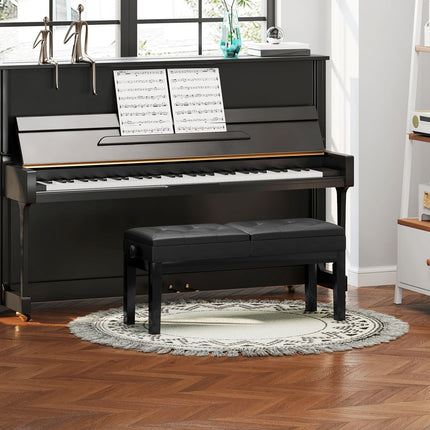 Height-adjustable piano bench, storage, black artificial leather