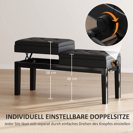 Height-adjustable piano bench, storage, black artificial leather