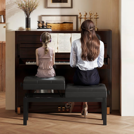Height-adjustable piano bench, storage, black artificial leather