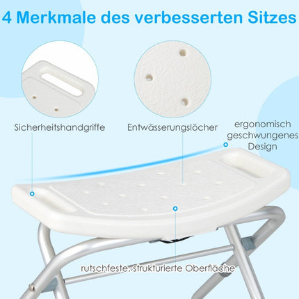 Height-adjustable shower stool with non-slip rubber feet, 150 kg load capacity, shower bench, white