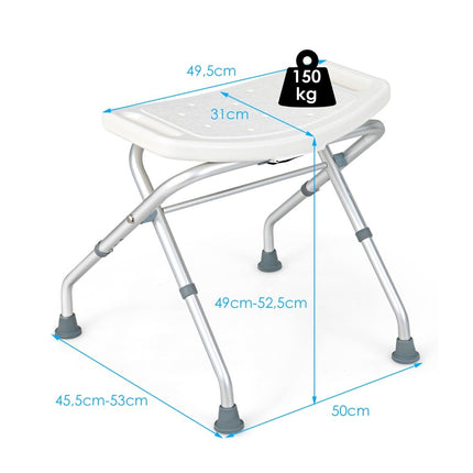 Height-adjustable shower stool with non-slip rubber feet, 150 kg load capacity, shower bench, white