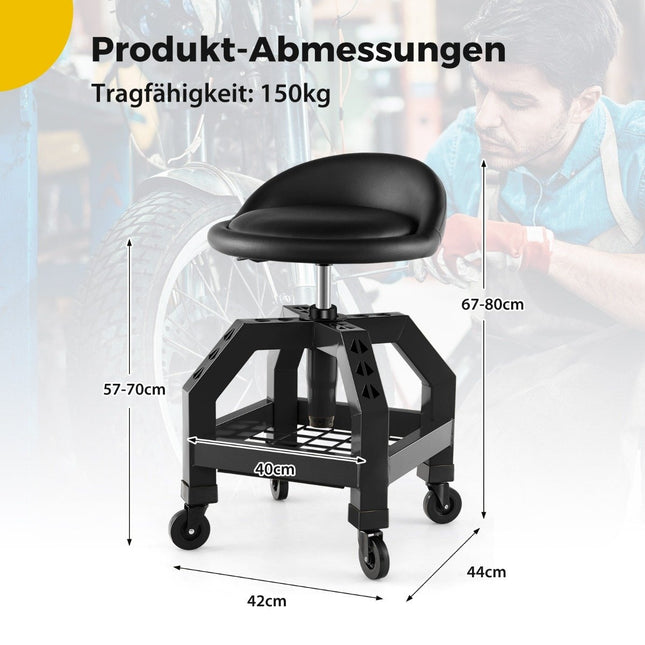 Height-adjustable workshop stool 150 kg load capacity with tool tray workshop chair black