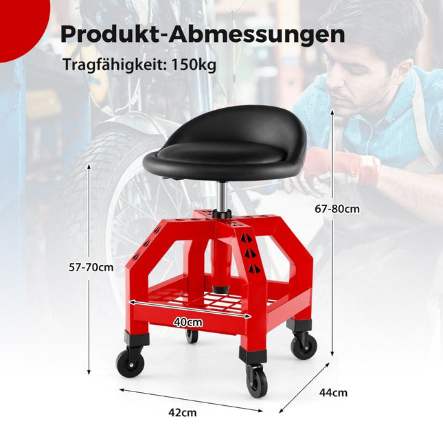 Height-adjustable workshop stool 150 kg load capacity with tool tray workshop chair red