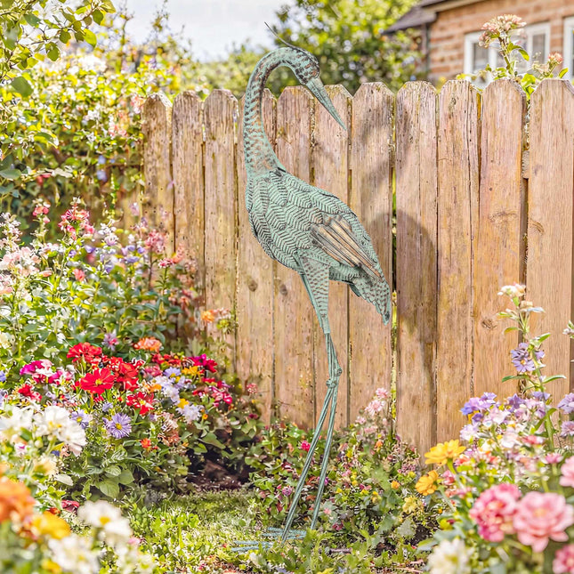 Heron Garden Statue, Metal, 88 cm, Green/Bronze