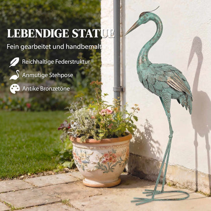 Heron Garden Statue, Metal, 88 cm, Green/Bronze