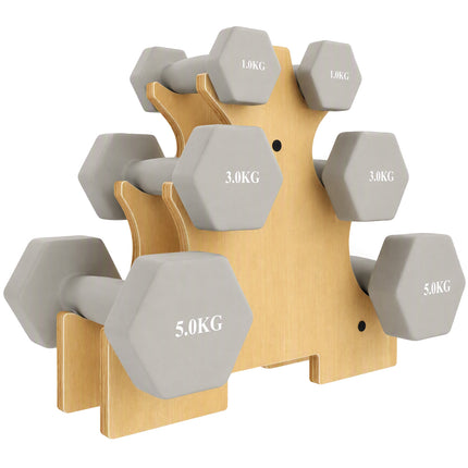 Hex Dumbbell Set with Wood Rack – 1kg, 3kg, 5kg Weights