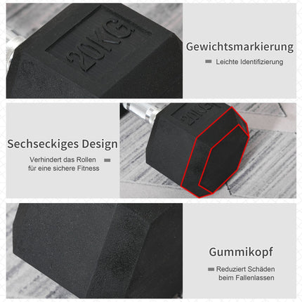 Hexagon cast iron dumbbell, 20 kg, rubber coated, black